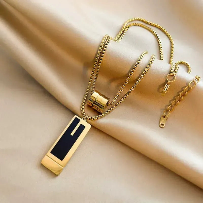 ✨ High-End Double Layer Titanium Steel Necklace – Gold Plated Geometric Pendant Sweater Chain | Unisex Fashion Jewelry