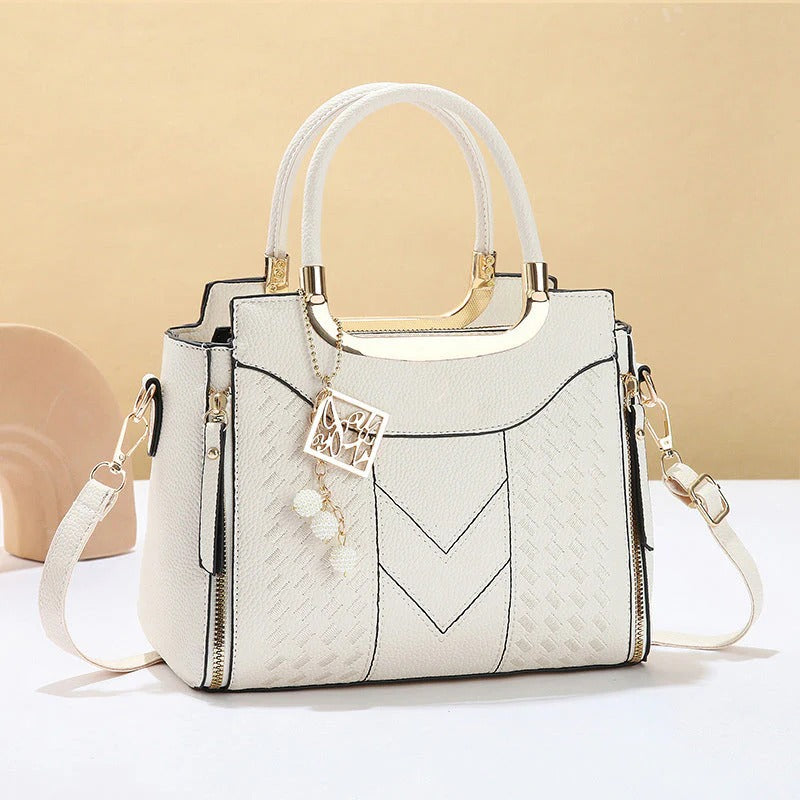 ✨ Luxe V-Stitch Gold Accent Satchel Bag – Multi-Compartment Women's Handbag 👜💎