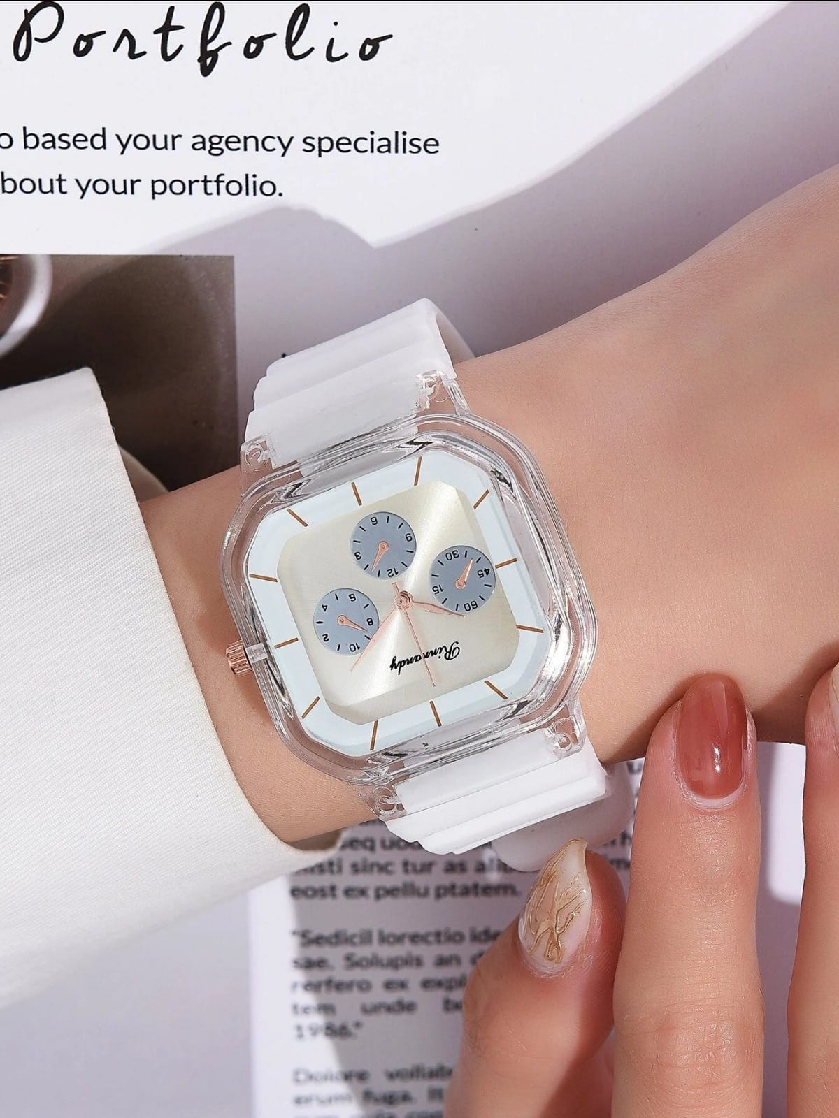 Shein - Silicone Strap Square Pointer Quartz Watch