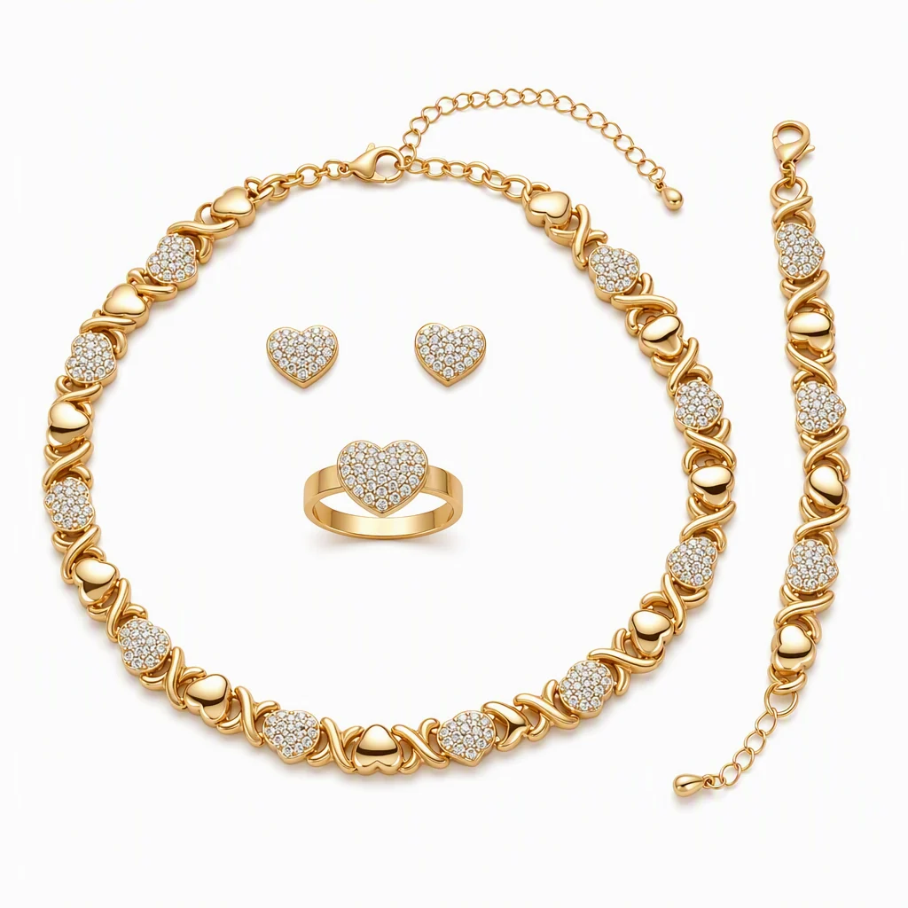 💎50%OFF!✨Gold Plated Heart Shaped Rhinestone Jewelry 4-Piece Set – Necklace,Earrings,Bracelet&Ring.