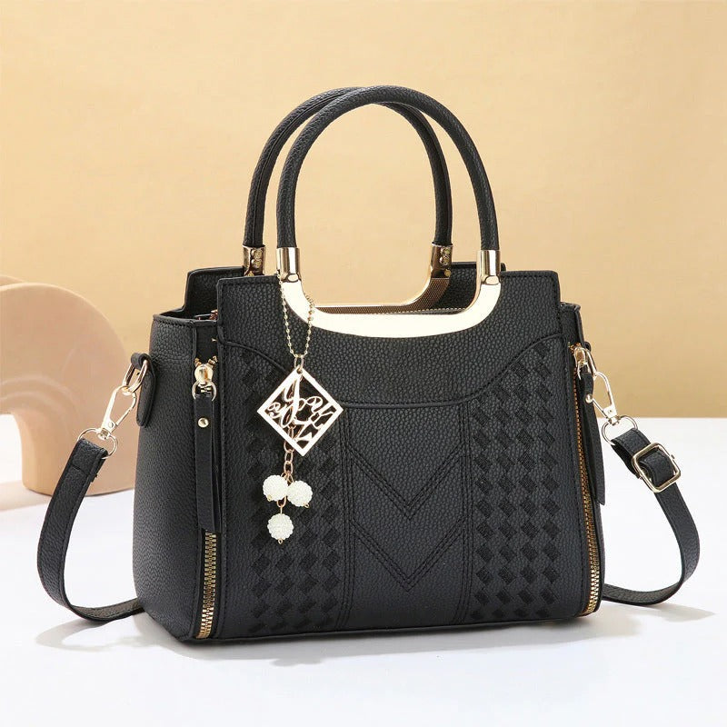 ✨ Luxe V-Stitch Gold Accent Satchel Bag – Multi-Compartment Women's Handbag 👜💎