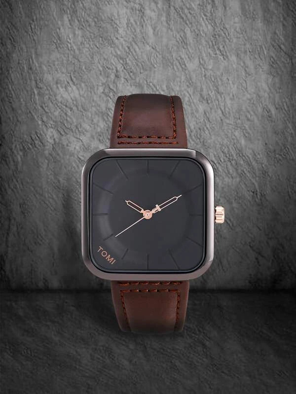 Men Square Pointer Quartz Watch- Black