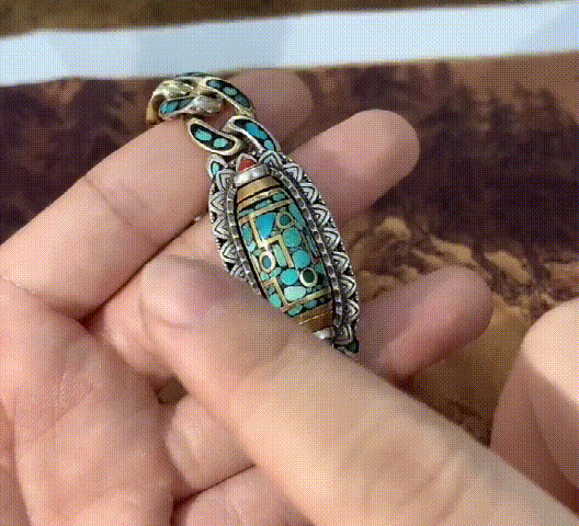 Turquoise Six-character Mantra Nine-eyed Dzi Bead Bracelet