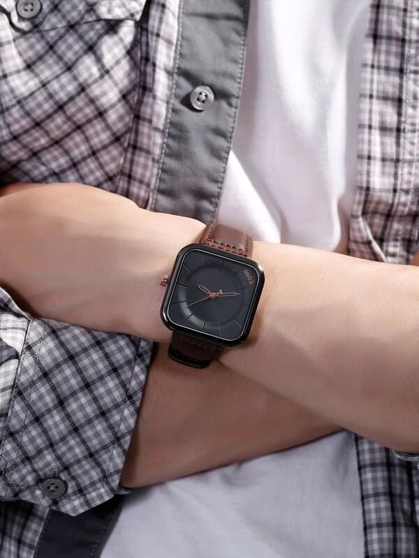 Men Square Pointer Quartz Watch- Black