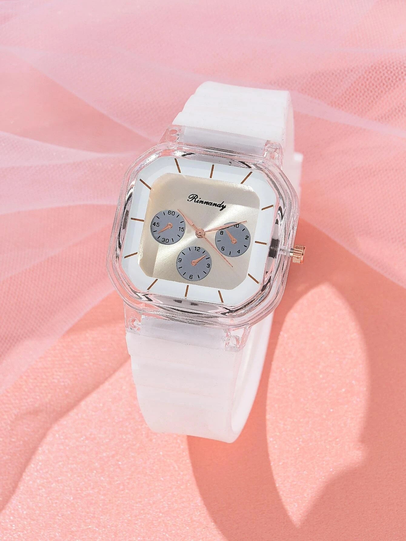 Shein - Silicone Strap Square Pointer Quartz Watch