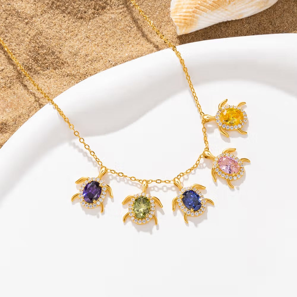 🐢 Sea Turtle stones Zircon Sterling Silver Necklace ✨